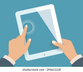 Hands holding blank tablet. Vector illustration