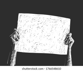 Hands holding blank white banner. White sketch on black background, Hand drawn vector illustration