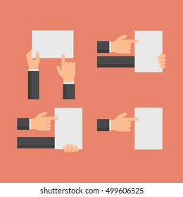 Hands holding blank white banners and hands pointing to empty paper sheet flat vector set. Presentation placard and blank billboard illustration