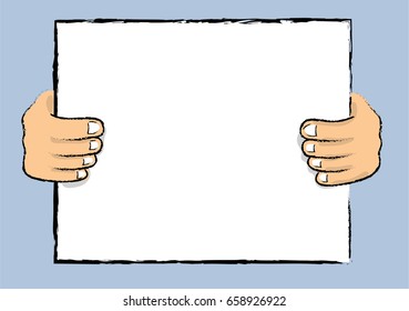 Hands holding blank white placard with writing space for copy Vector illustration Place in your own ad, advertising, statements, saying