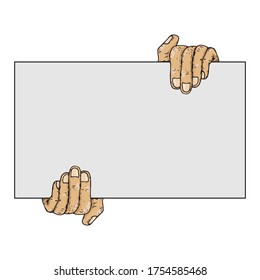 Hands holding a blank white sheet. Hands holding a banner. Vector illustration of a man's wrist. Hand drawn male hand.