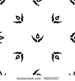 Hands holding blood drop pattern repeat seamless in black color for any design. Vector geometric illustration