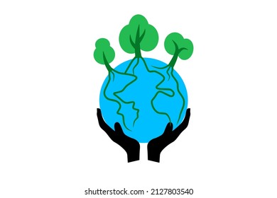 Hands Holding The blue Earth Globe with tree , Vector Illustration