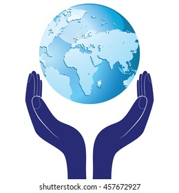 Hands holding a blue earth vector hope illustration. Save planet concept.