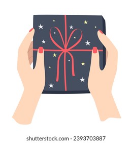 Hands holding a blue gift box. Vector illustration on a white background. Concept for gifts, Christmas, New Year, holidays, birthday.
