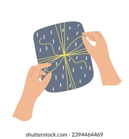 Hands holding a blue gift box. Vector illustration on a white background. Concept for gifts, Christmas, New Year, holidays, birthday.