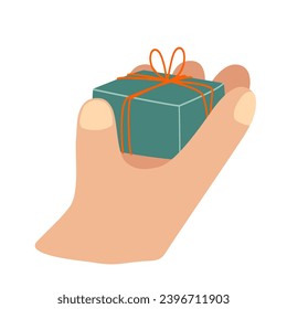 Hands holding a blue gift box. Vector illustration on a white background. Concept for gifts, Christmas, New Year, holidays, birthday.