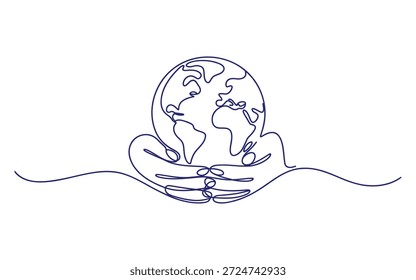 Manos sosteniendo un globo azul con continentes delineados en un estilo de línea minimalista