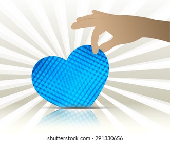 Hands holding blue heart. Drops. white background.