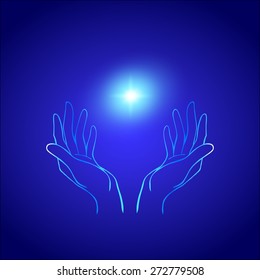 Hands holding blue light. Abstract vector illustration