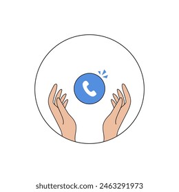 Hands holding a blue phone icon in the shape of a circle