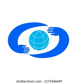 Hands holding blue planet. Logo Template.