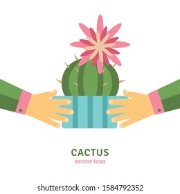 One’s hands holding blue pot with blooming cactus. Home garden care concept. Colorful cartoon flat style. Isolated elements on white background. Typographic template for your text. Vector illustration