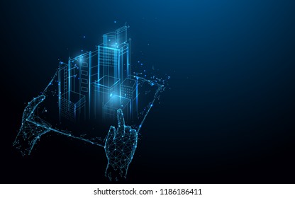 Hands holding blue print with architect form lines, triangles and particle style design. Illustration vector