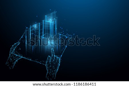 Hands holding blue print with architect form lines, triangles and particle style design. Illustration vector