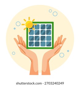 Hands holding a blue solar panel with a shining sun icon, flat graphic style, on a light circular background. Concept of clean solar energy. Vector illustration