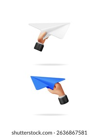 Hands holding blue and white paper airplanes for communication concept. Sending message or email symbol for digital marketing.