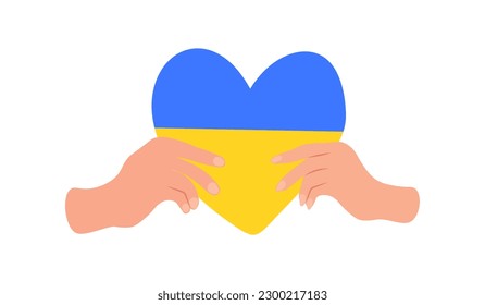 Hands holding blue and yellow  flag in heart shape. No to war in Ukraine. Antiwar concept. Vector illustration