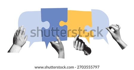 Hands holding blue and yellow speech bubbles in a puzzle shape. Vector collage. Communication and teamwork concept for business and education.