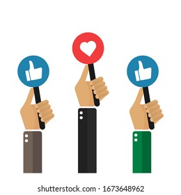 hands holding boards with sign "thumbs up". Vector, illustration, flat.