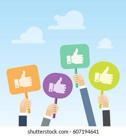  A lot of hands holding  boards with sign "thumbs up". Feedback, voting concept. Vector, illustration, flat.