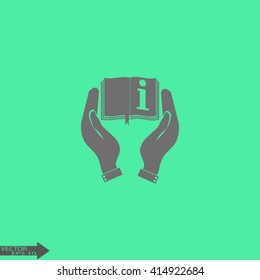 Hands holding book catalog vector icon Hand. book in the hand. brochure presentation. Booklet in hands. Book design. Catalog sheet display.