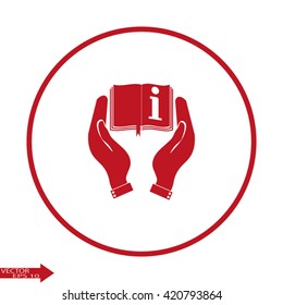 Hands holding book catalog vector icon Hand. book in the hand. brochure presentation. Booklet in hands. Book design. Catalog sheet display.