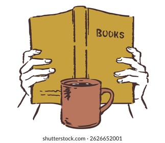 Hände mit einem Buch und einer Tasse Kaffee. Vektorskizze.