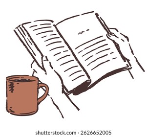 Mãos segurando um livro e uma xícara de café. Ilustração de esboço vetorial.