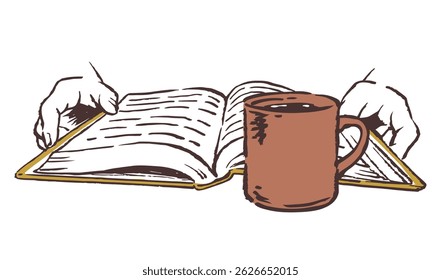 Hands holding a book and a cup of coffee. Vector sketch illustration.
