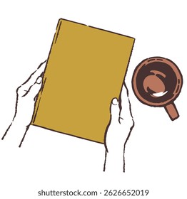 Hands holding a book and a cup of coffee. Vector sketch illustration.