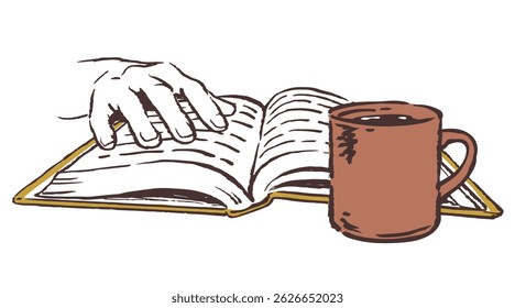 Hands holding a book and a cup of coffee. Vector sketch illustration.