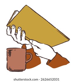 Hands holding a book and a cup of coffee. Vector sketch illustration.