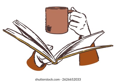 Hands holding a book and a cup of coffee. Vector sketch illustration.