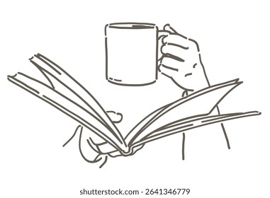 Hands holding a book and a cup of coffee. Simple line. Vector sketch illustration.