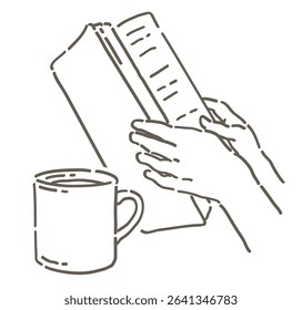 Hands holding a book and a cup of coffee. Simple line. Vector sketch illustration.