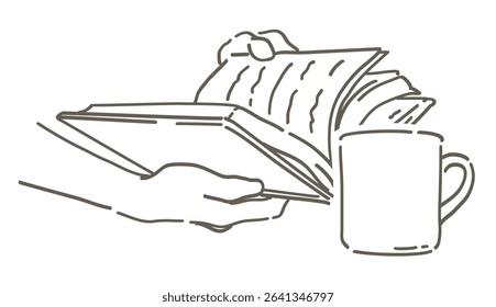 Hands holding a book and a cup of coffee. Simple line. Vector sketch illustration.