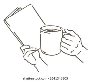 Hands holding a book and a cup of coffee. Simple line. Vector sketch illustration.