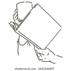 Hands holding a book and a cup of coffee. Simple line. Vector sketch illustration.
