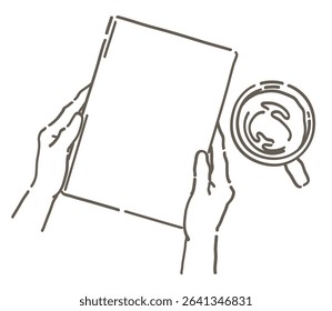 Hands holding a book and a cup of coffee. Simple line. Vector sketch illustration.
