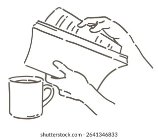Hands holding a book and a cup of coffee. Simple line. Vector sketch illustration.