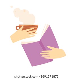Hands holding book and cup of tea or coffee studying education hobby and relaxation symbol. Flat hand drawn vector artistic icons design, earthy color.