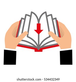 hands holding a book with dowload arrow icon over white background. electronic book concept. vector illustration