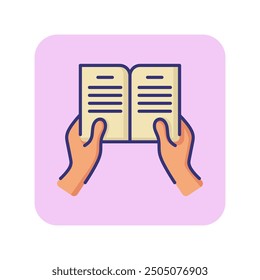 Hands holding book line icon. Hobby, library, literature. Education concept. Vector illustration can be used for topics like studying, reading