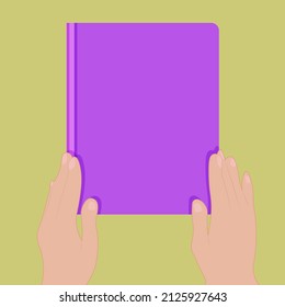 Hands holding a book on green background. Vector illustration. World Book Day.	