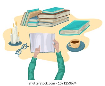 Hands holding book. Pile of books and burning candles on table. Eyeglasses and cup of tea. Knowledge or education. Isolated on white background. Vector cartoon illustration.