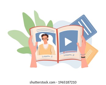 Hands holding book with playing online lesson vector flat illustration. Online education, remote learning, audiobooks mobile application. Digital studying and entertainment concept.