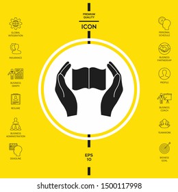 Hands holding book- protection icon. Graphic elements for your design
