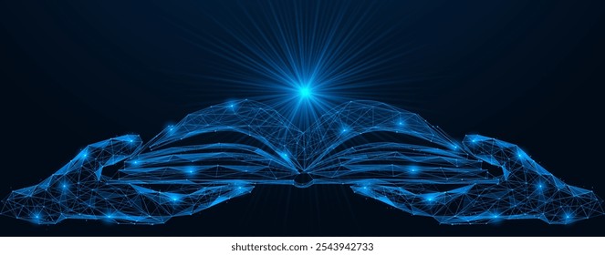 Hands holding a book with a shining star above it. Polygonal design of interconnected lines and dots. Blue background.