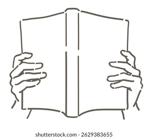 Mãos segurando um livro. Linha simples. Ilustração de esboço vetorial.